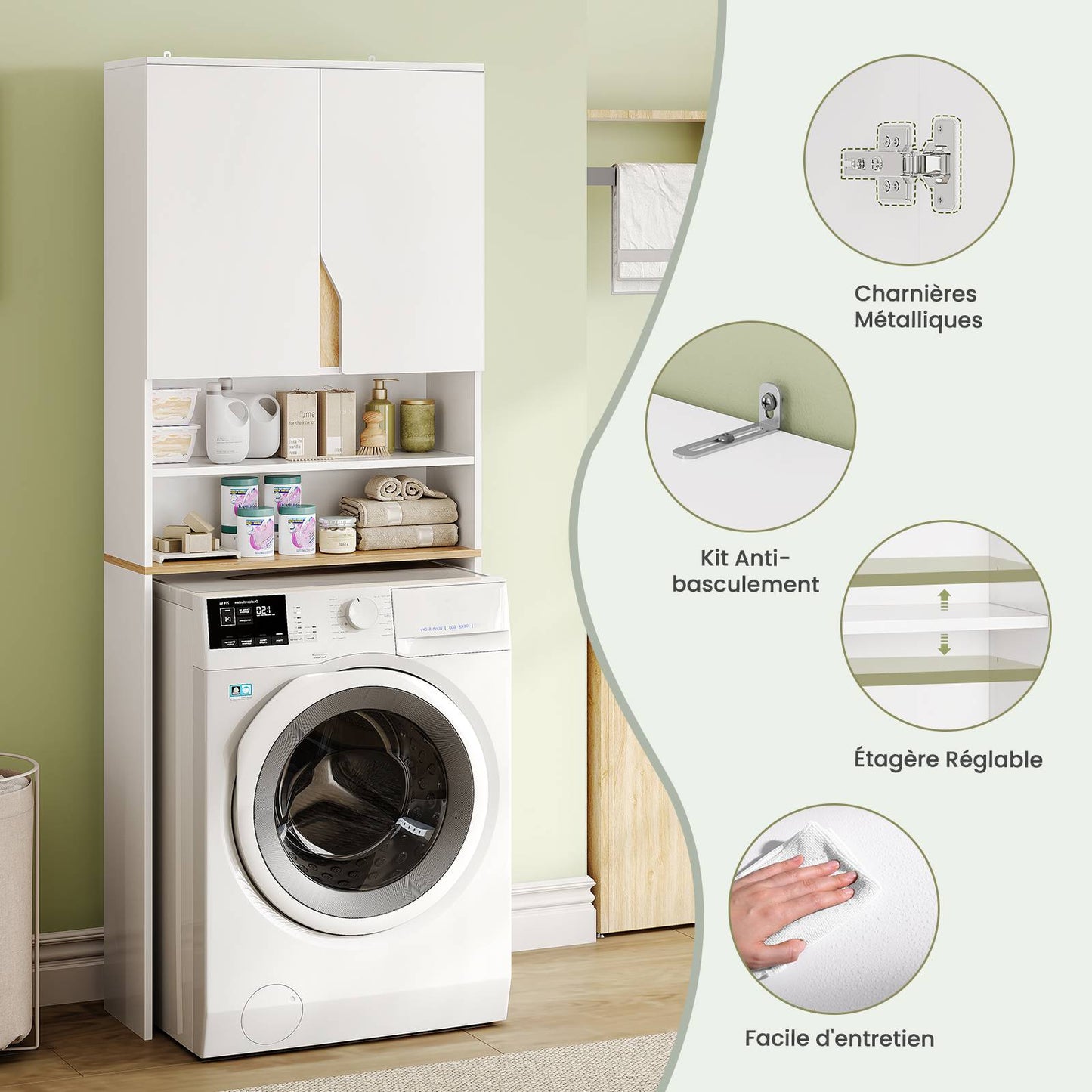 AOGLLATI Meuble Machine à Laver  Meuble Toilette avec Étagère Réglables  2 Compartiments Ouverts