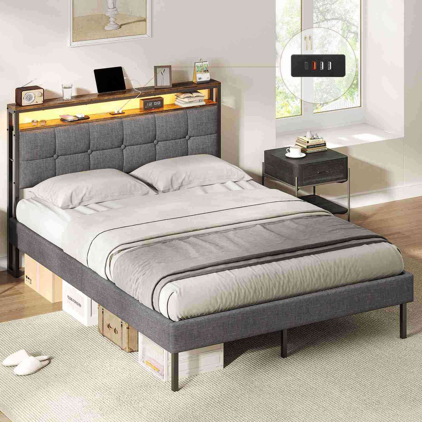 Lit double AOGLLATI 140 x 190 avec multiprise et éclairage LED réglable équipé d'un sommier métallique