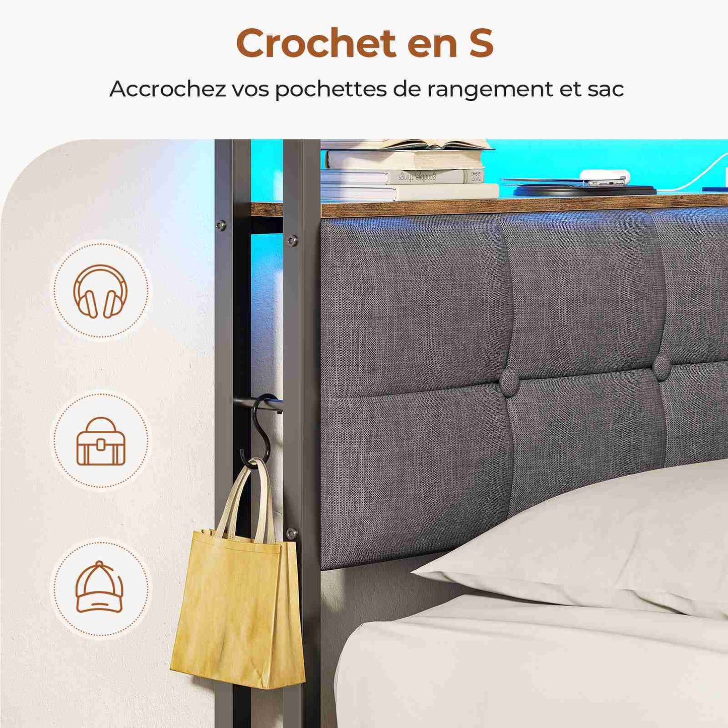 Lit double AOGLLATI 140 x 190 avec multiprise et éclairage LED réglable équipé d'un sommier métallique