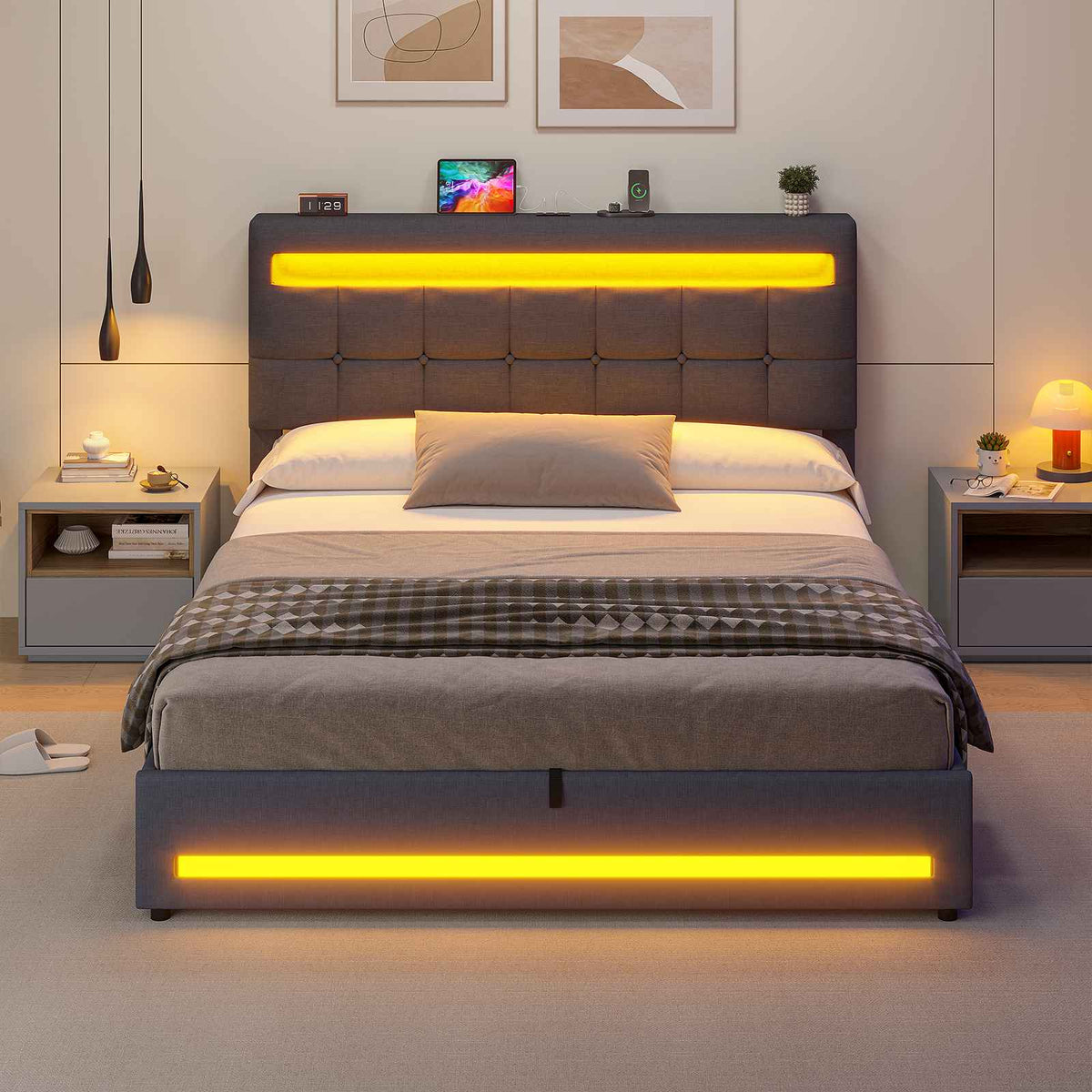 AOGLLATI 140 × 190 cm  lit double avec éclairage LED et port USB, espace de rangement tête de lit réglable sommier à lattes rembourré