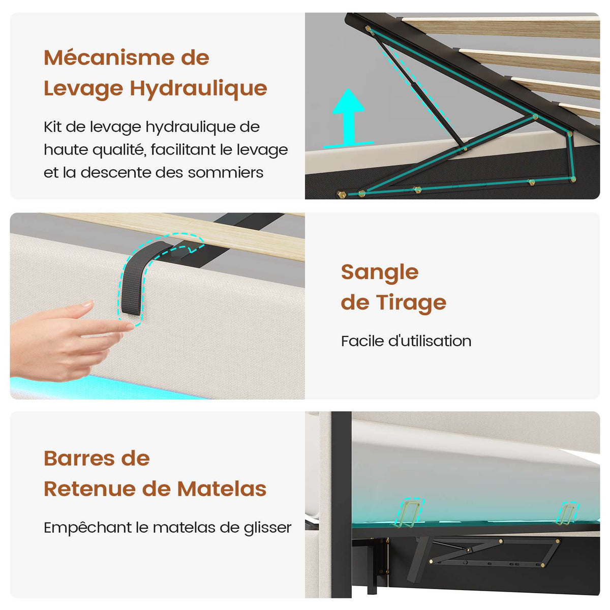 AOGLLATI 140 × 190 cm  lit double avec éclairage LED et port USB, espace de rangement tête de lit réglable sommier à lattes rembourré