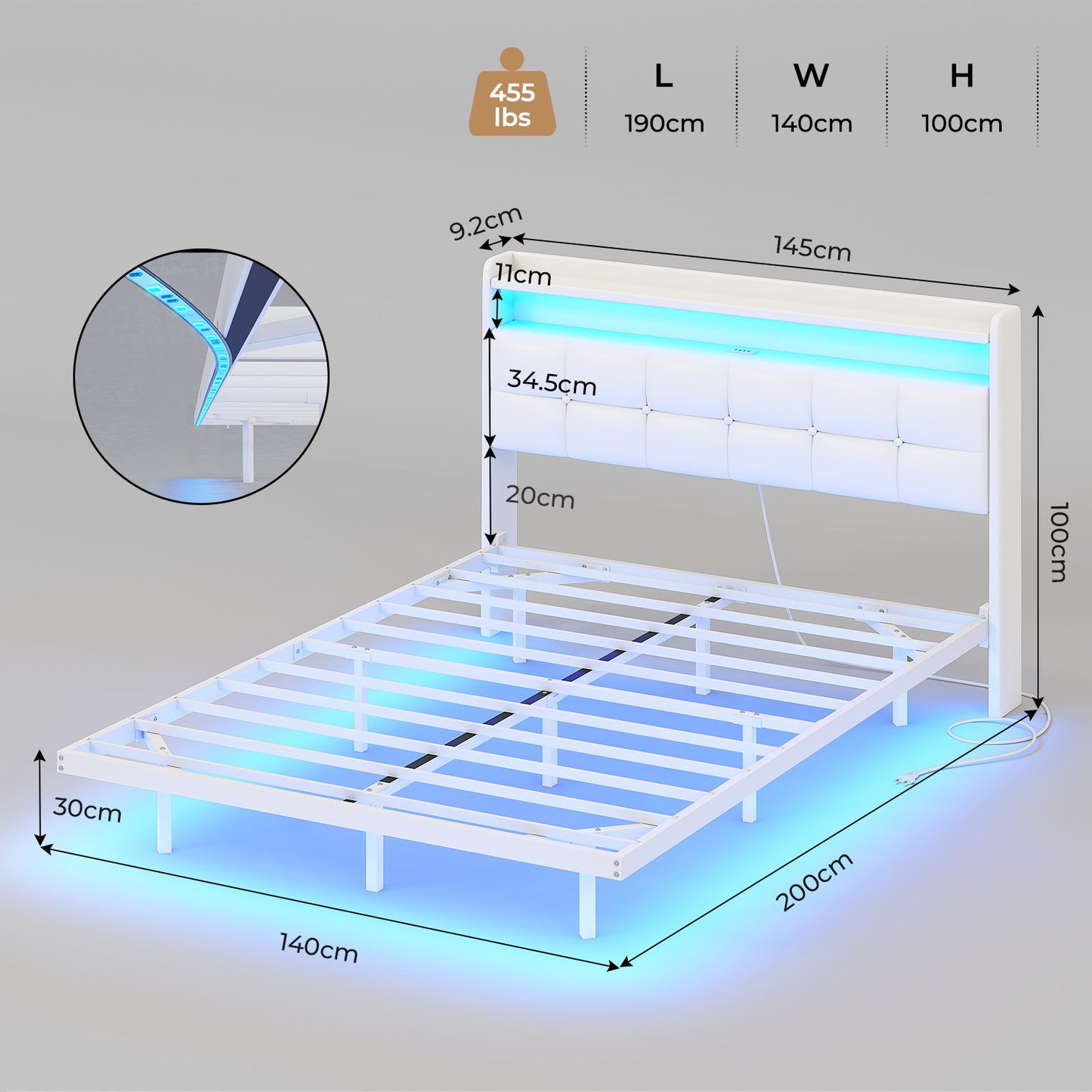Lit suspendu AOGLLATI 140 × 190 cm avec éclairage LED et multiprise tête de lit rembourrée avec espace de rangement tissu en lin