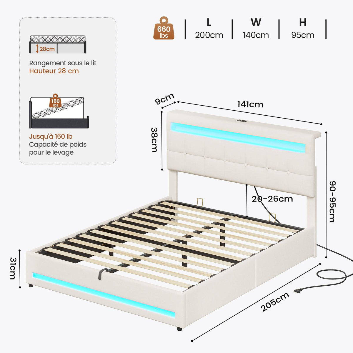 AOGLLATI 140 × 200 cm  lit double avec éclairage LED et port USB, espace de rangement tête de lit réglable sommier à lattes rembourré