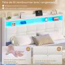 Lit suspendu AOGLLATI 140 × 190 cm avec éclairage LED et multiprise tête de lit rembourrée avec espace de rangement tissu en lin