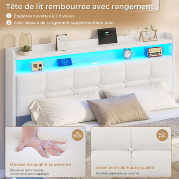 Lit suspendu AOGLLATI 140 × 190 cm avec éclairage LED et multiprise tête de lit rembourrée avec espace de rangement tissu en lin