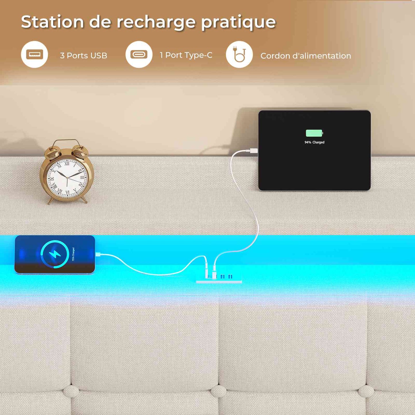 Lit suspendu AOGLLATI 140 × 190 cm avec éclairage LED et multiprise tête de lit rembourrée avec espace de rangement tissu en lin