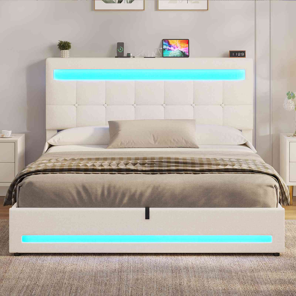 AOGLLATI 140 × 190 cm  lit double avec éclairage LED et port USB, espace de rangement tête de lit réglable sommier à lattes rembourré