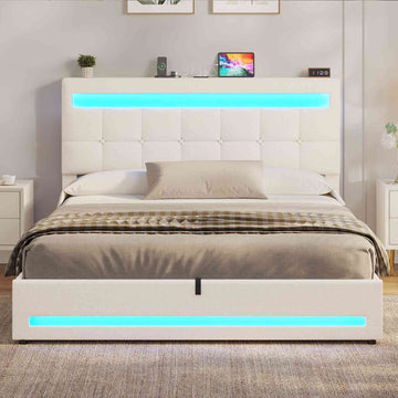 AOGLLATI 140 × 190 cm  lit double avec éclairage LED et port USB, espace de rangement tête de lit réglable sommier à lattes rembourré
