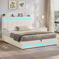 AOGLLATI 140 × 190 cm  lit double avec éclairage LED et port USB, espace de rangement tête de lit réglable sommier à lattes rembourré