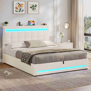 AOGLLATI 140 × 190 cm  lit double avec éclairage LED et port USB, espace de rangement tête de lit réglable sommier à lattes rembourré