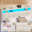 Lit suspendu AOGLLATI 140 × 190 cm avec éclairage LED et multiprise tête de lit rembourrée avec espace de rangement tissu en lin