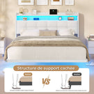 Lit suspendu AOGLLATI 140 × 190 cm avec éclairage LED et multiprise tête de lit rembourrée avec espace de rangement tissu en lin