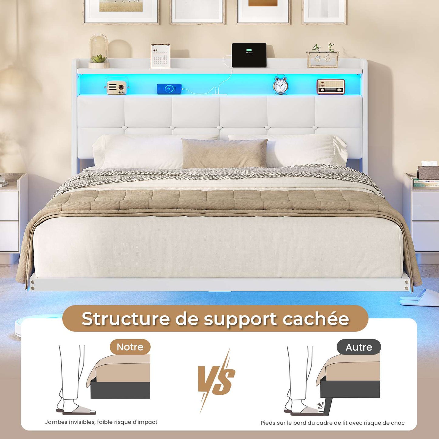Lit suspendu AOGLLATI 140 × 190 cm avec éclairage LED et multiprise tête de lit rembourrée avec espace de rangement tissu en lin