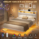 Lit suspendu AOGLLATI 140 × 190 cm avec éclairage LED et multiprise tête de lit rembourrée avec espace de rangement tissu en lin