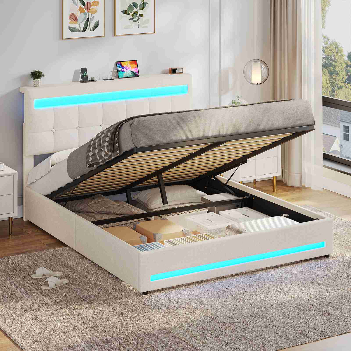 AOGLLATI 140 × 190 cm  lit double avec éclairage LED et port USB, espace de rangement tête de lit réglable sommier à lattes rembourré