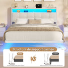 Lit suspendu AOGLLATI 140 × 190 cm avec éclairage LED et multiprise tête de lit rembourrée avec espace de rangement tissu en lin