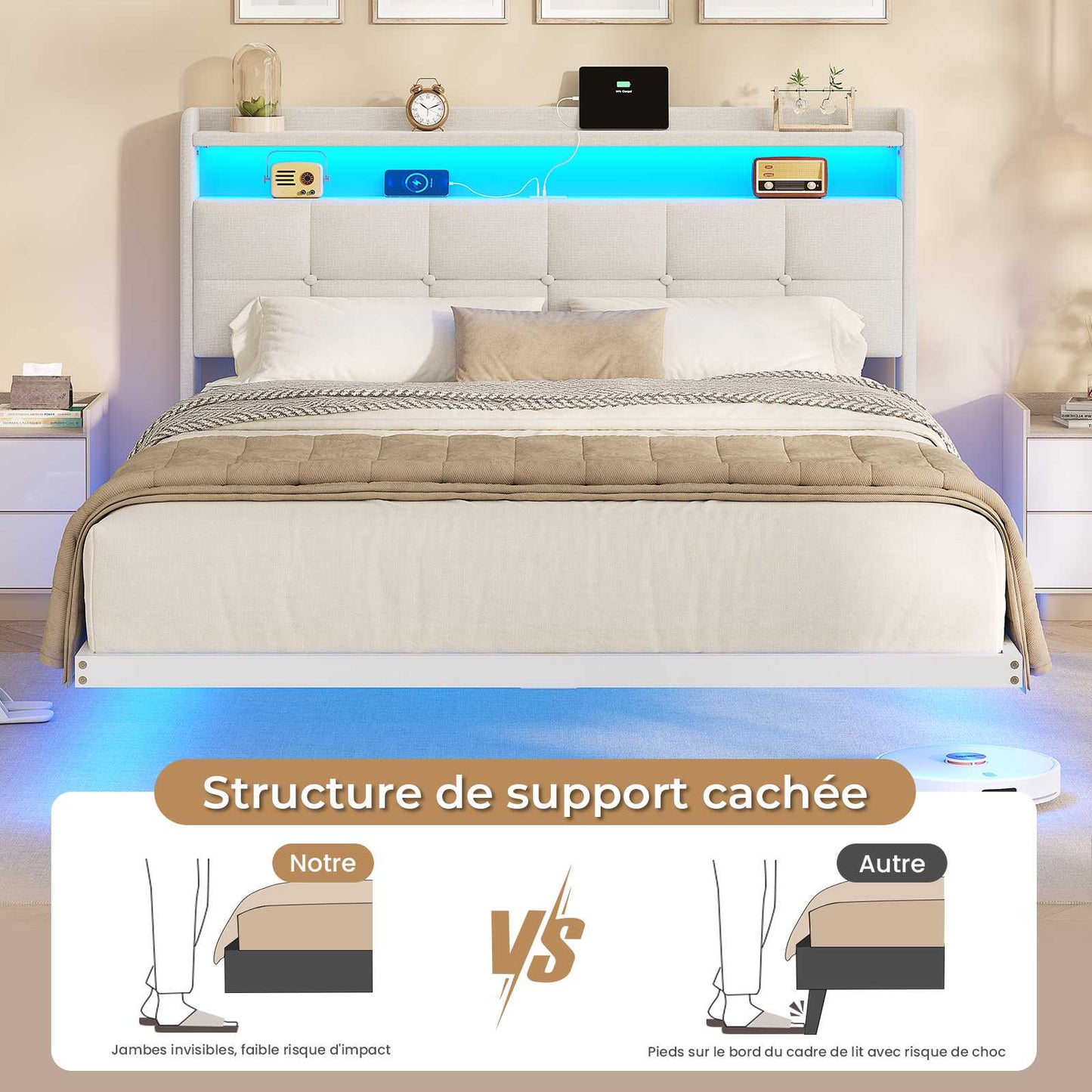 Lit suspendu AOGLLATI 140 × 190 cm avec éclairage LED et multiprise tête de lit rembourrée avec espace de rangement tissu en lin