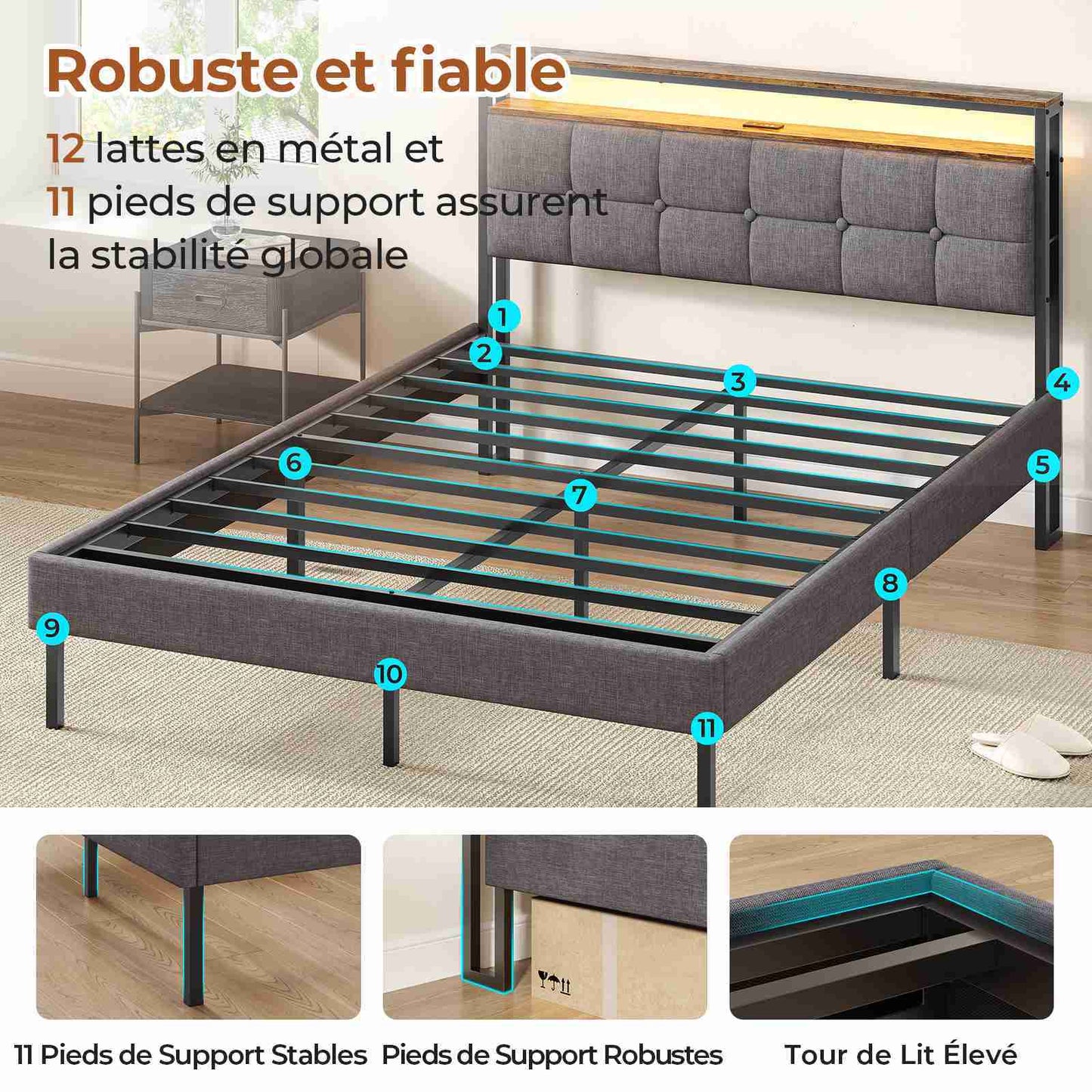 Lit double AOGLLATI 140 x 190 avec multiprise et éclairage LED réglable équipé d'un sommier métallique