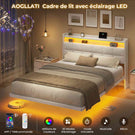 Lit suspendu AOGLLATI 140 × 190 cm avec éclairage LED et multiprise tête de lit rembourrée avec espace de rangement tissu en lin