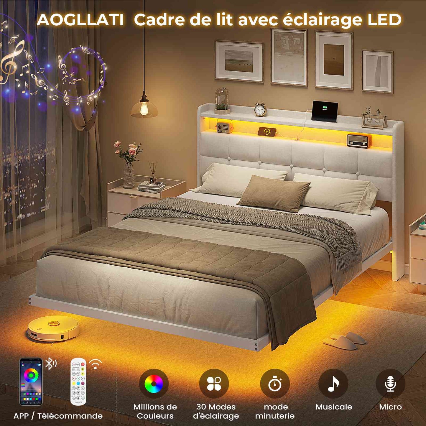 Lit suspendu AOGLLATI 140 × 190 cm avec éclairage LED et multiprise tête de lit rembourrée avec espace de rangement tissu en lin