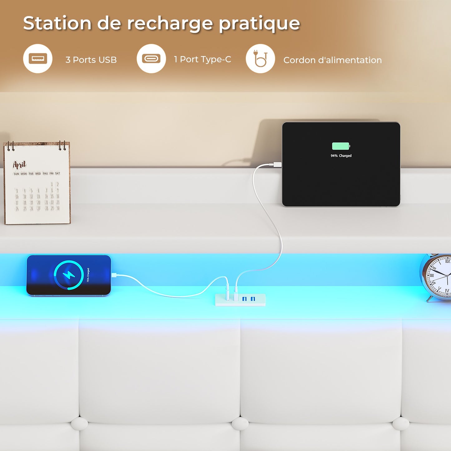 Lit suspendu AOGLLATI 140 × 190 cm avec éclairage LED et multiprise tête de lit rembourrée avec espace de rangement tissu en lin