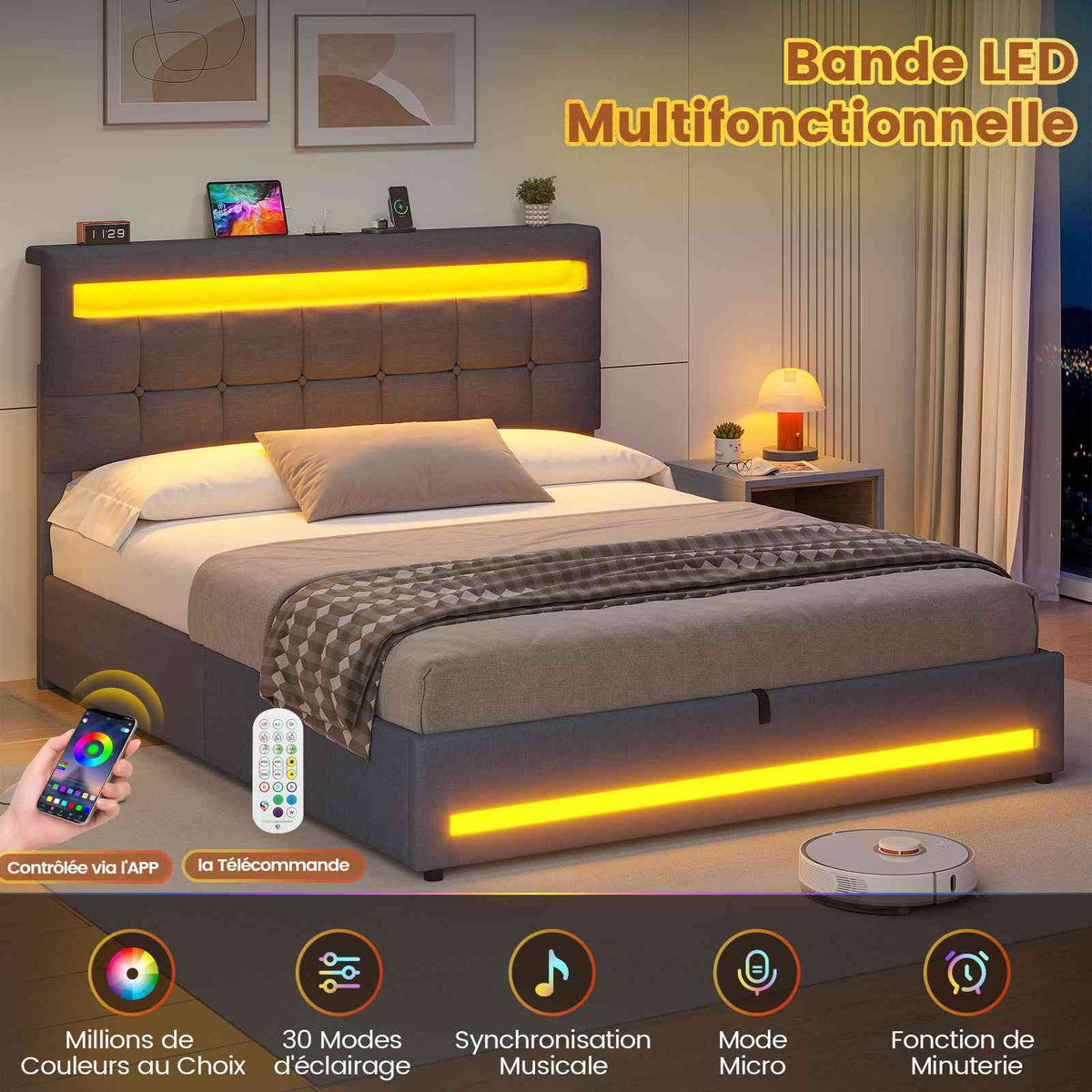 AOGLLATI 140 × 190 cm  lit double avec éclairage LED et port USB, espace de rangement tête de lit réglable sommier à lattes rembourré
