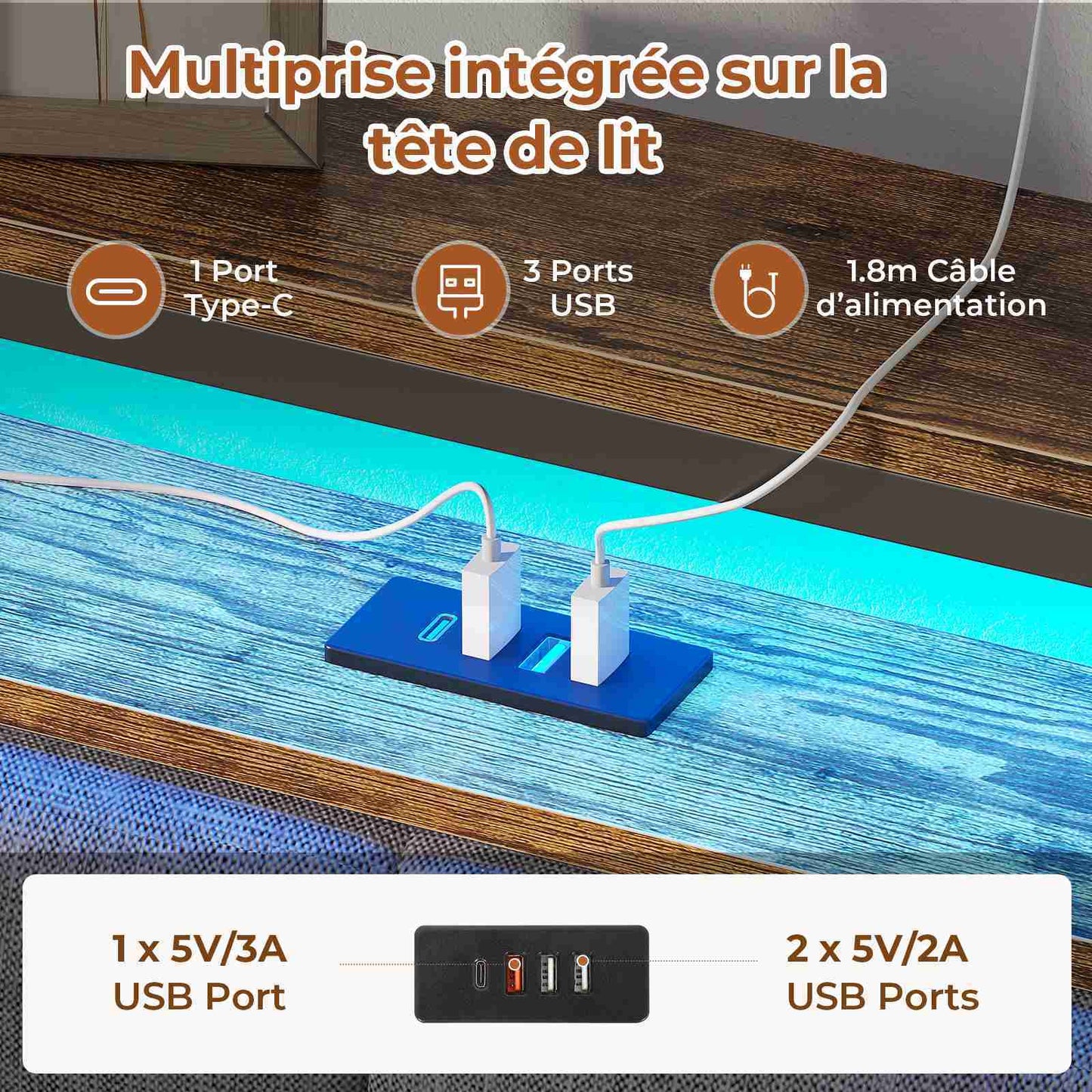Lit double AOGLLATI 140 x 190 avec multiprise et éclairage LED réglable équipé d'un sommier métallique