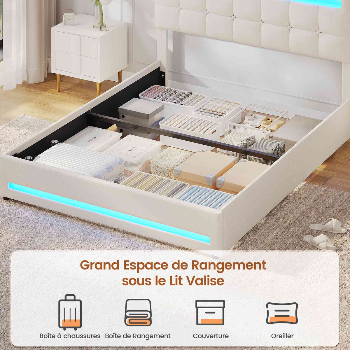 AOGLLATI 140 × 190 cm  lit double avec éclairage LED et port USB, espace de rangement tête de lit réglable sommier à lattes rembourré