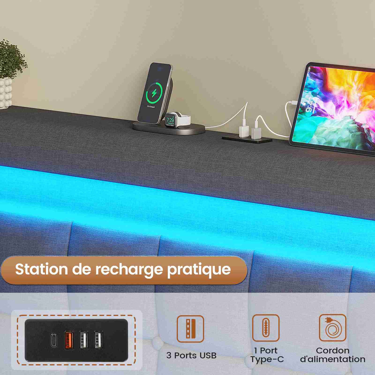 AOGLLATI 140 × 190 cm  lit double avec éclairage LED et port USB, espace de rangement tête de lit réglable sommier à lattes rembourré