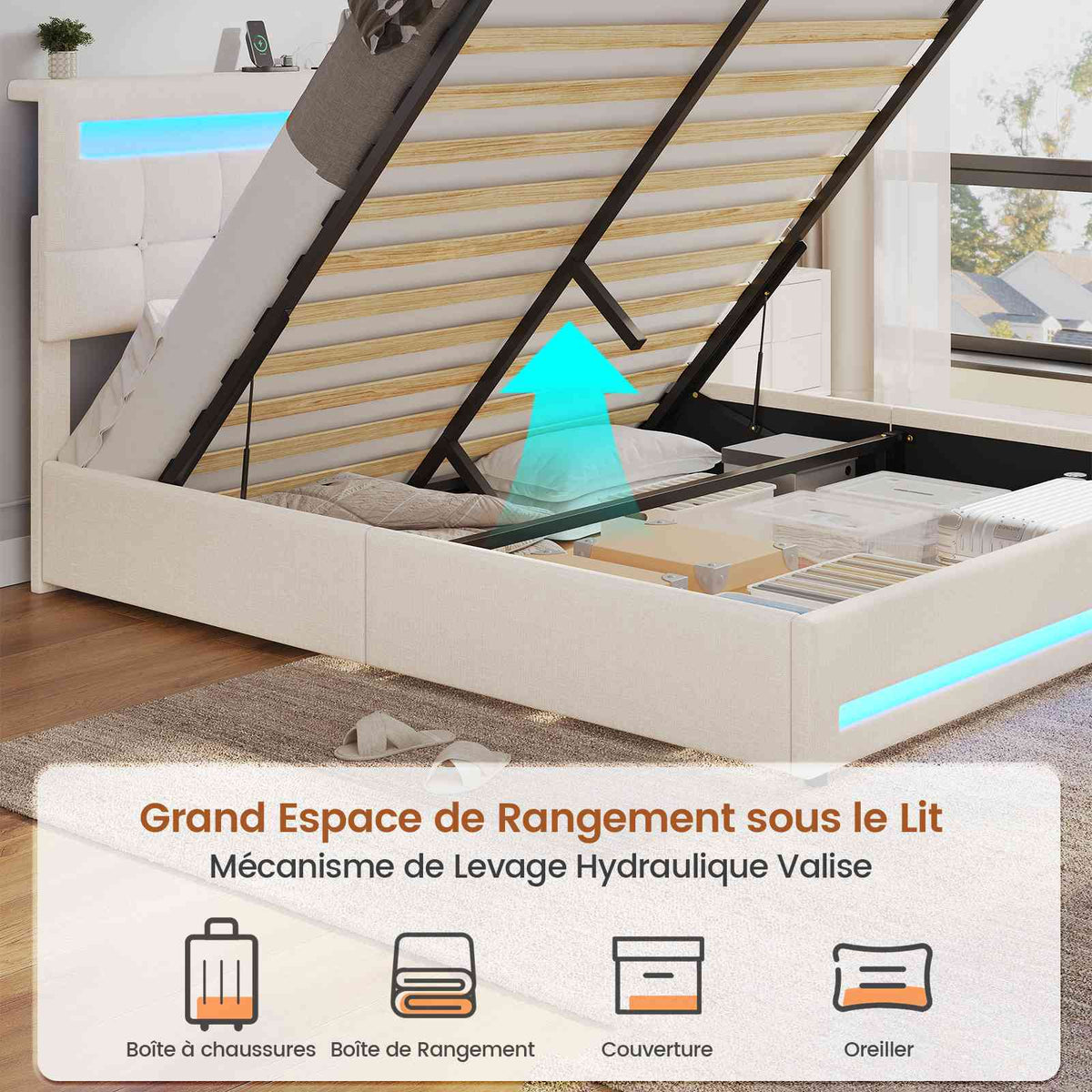 AOGLLATI 140 × 190 cm  lit double avec éclairage LED et port USB, espace de rangement tête de lit réglable sommier à lattes rembourré