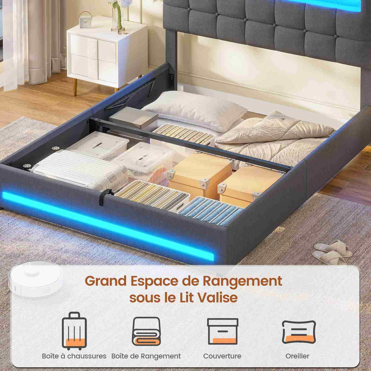 AOGLLATI 140 × 190 cm  lit double avec éclairage LED et port USB, espace de rangement tête de lit réglable sommier à lattes rembourré