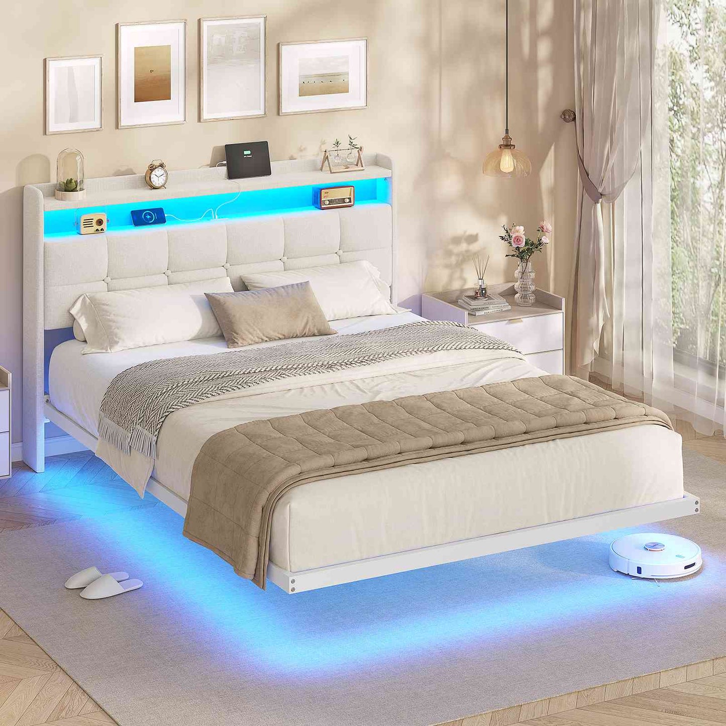 Lit suspendu AOGLLATI 140 × 190 cm avec éclairage LED et multiprise tête de lit rembourrée avec espace de rangement tissu en lin