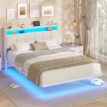 Lit suspendu AOGLLATI 140 × 200 cm avec éclairage LED et multiprise tête de lit rembourrée avec espace de rangement tissu en lin