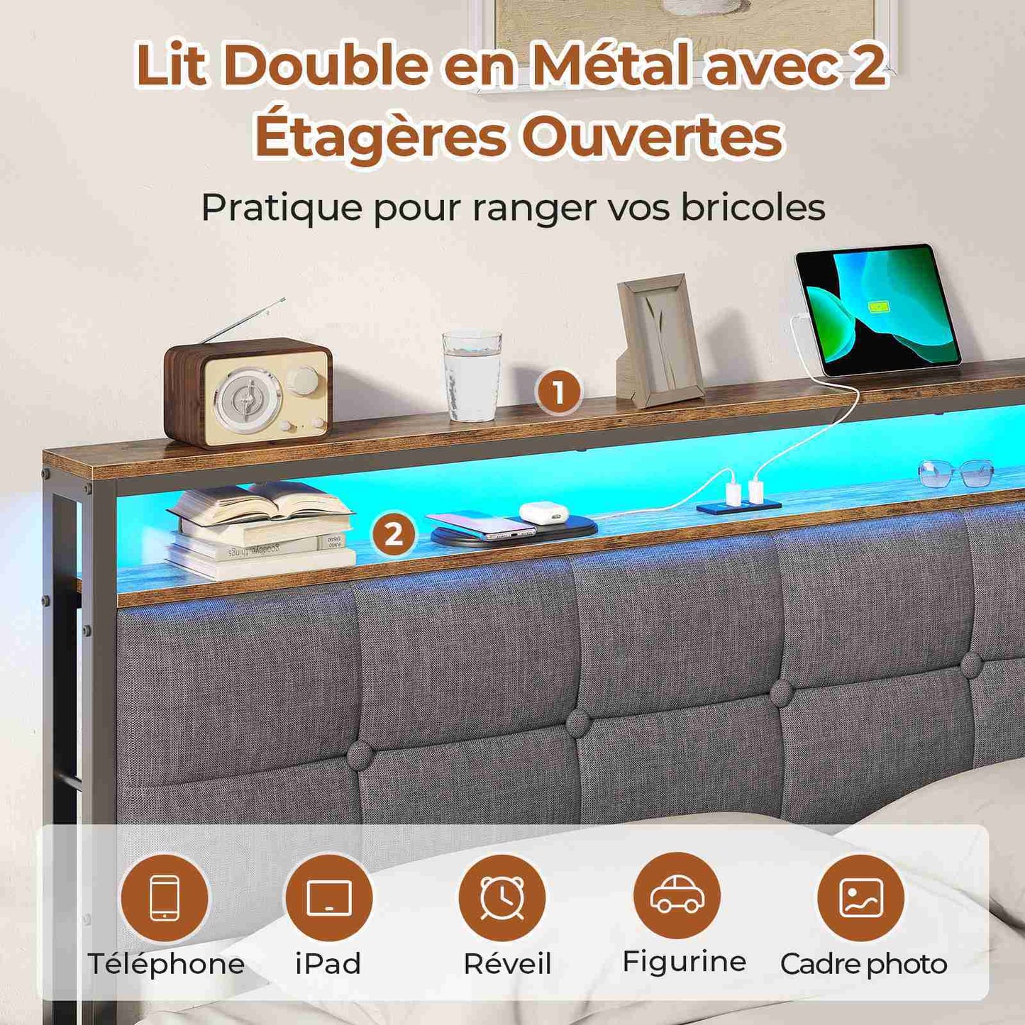 Lit double AOGLLATI 140 x 190 avec multiprise et éclairage LED réglable équipé d'un sommier métallique