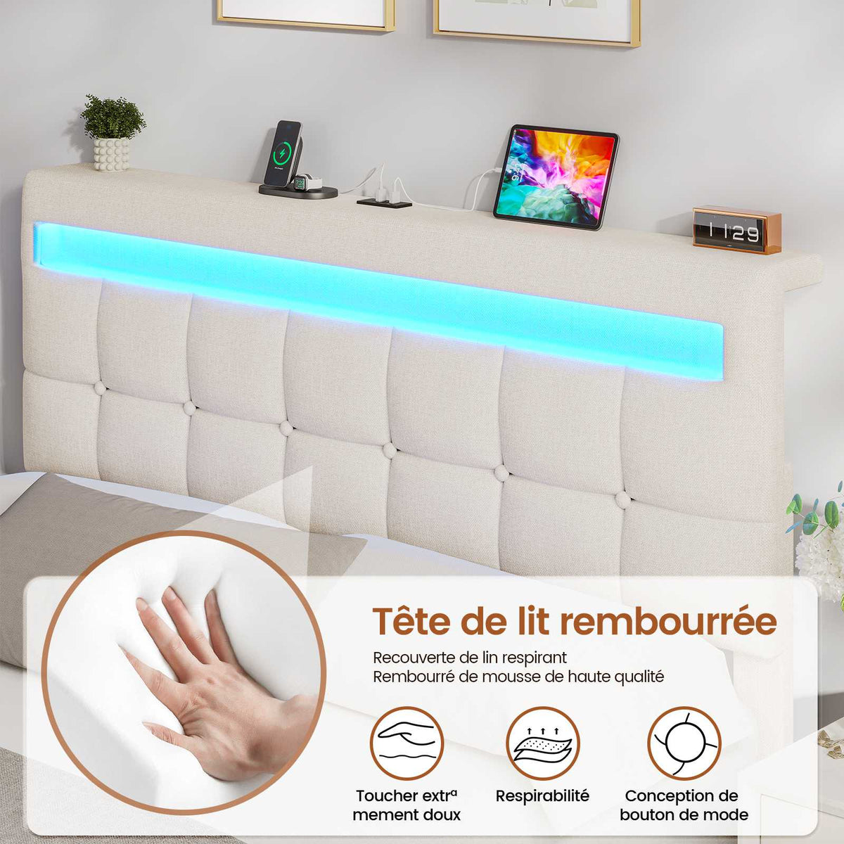 AOGLLATI 140 × 190 cm  lit double avec éclairage LED et port USB, espace de rangement tête de lit réglable sommier à lattes rembourré