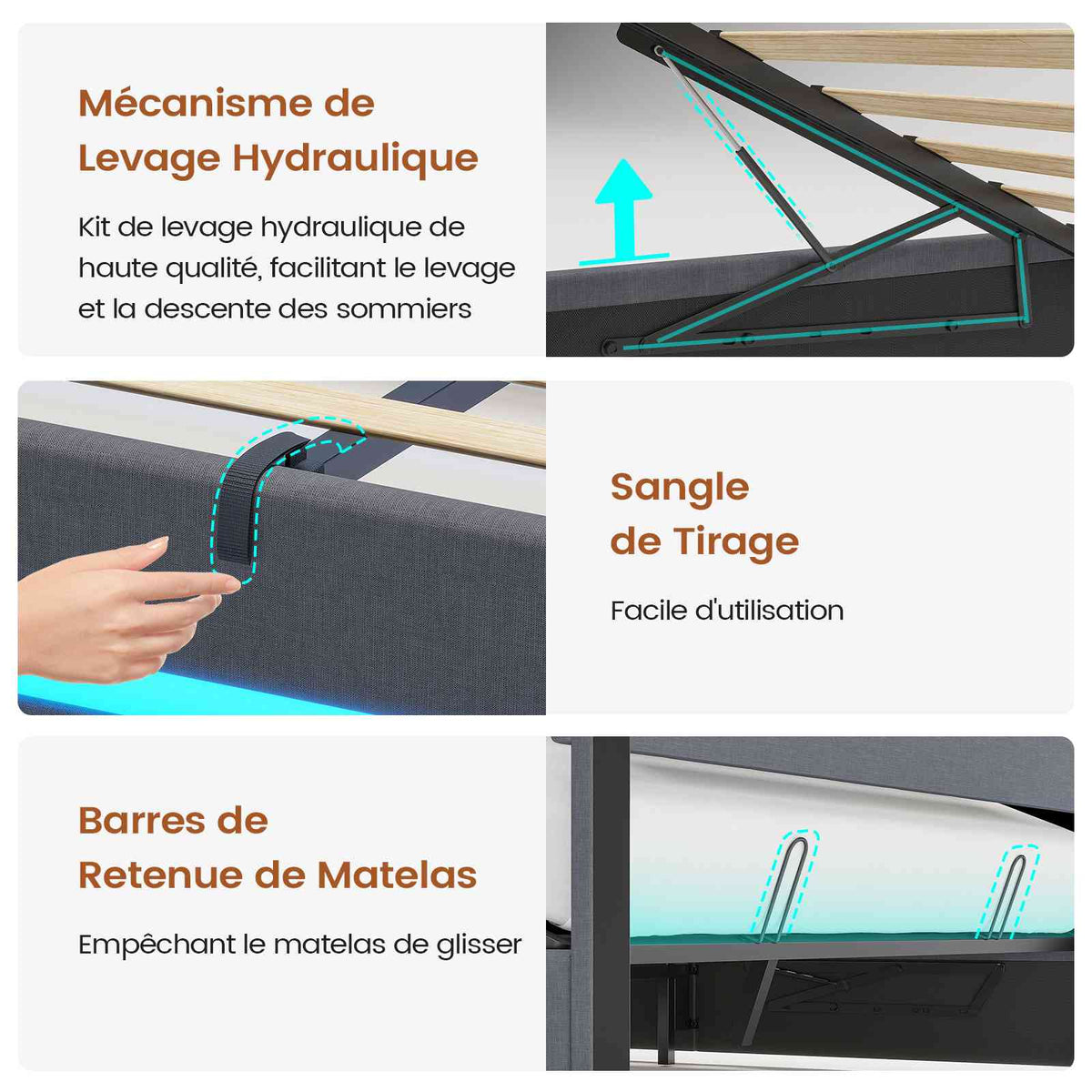 AOGLLATI 140 × 190 cm  lit double avec éclairage LED et port USB, espace de rangement tête de lit réglable sommier à lattes rembourré