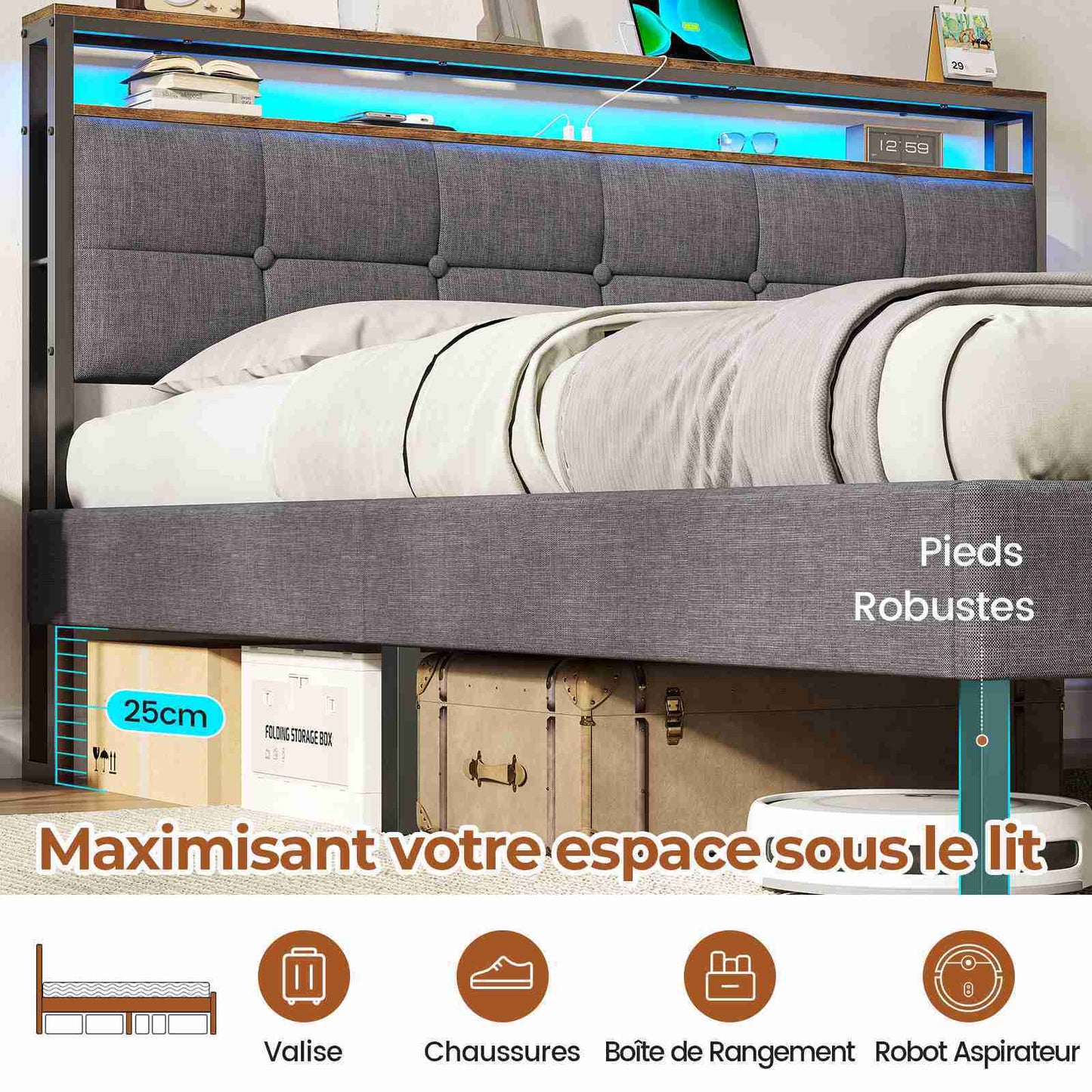 Lit double AOGLLATI 140 x 190 avec multiprise et éclairage LED réglable équipé d'un sommier métallique