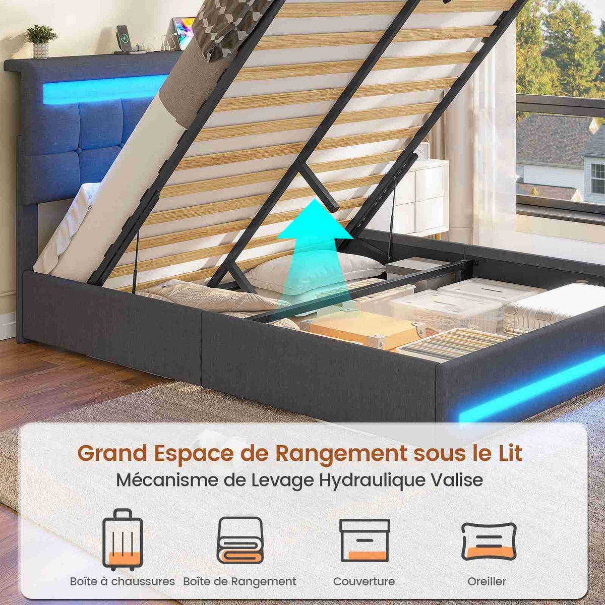 AOGLLATI 140 × 190 cm  lit double avec éclairage LED et port USB, espace de rangement tête de lit réglable sommier à lattes rembourré