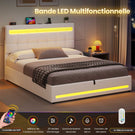 AOGLLATI 140 × 190 cm  lit double avec éclairage LED et port USB, espace de rangement tête de lit réglable sommier à lattes rembourré