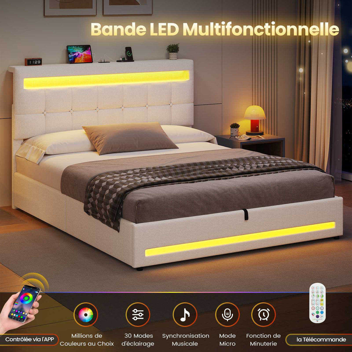 AOGLLATI 140 × 190 cm  lit double avec éclairage LED et port USB, espace de rangement tête de lit réglable sommier à lattes rembourré