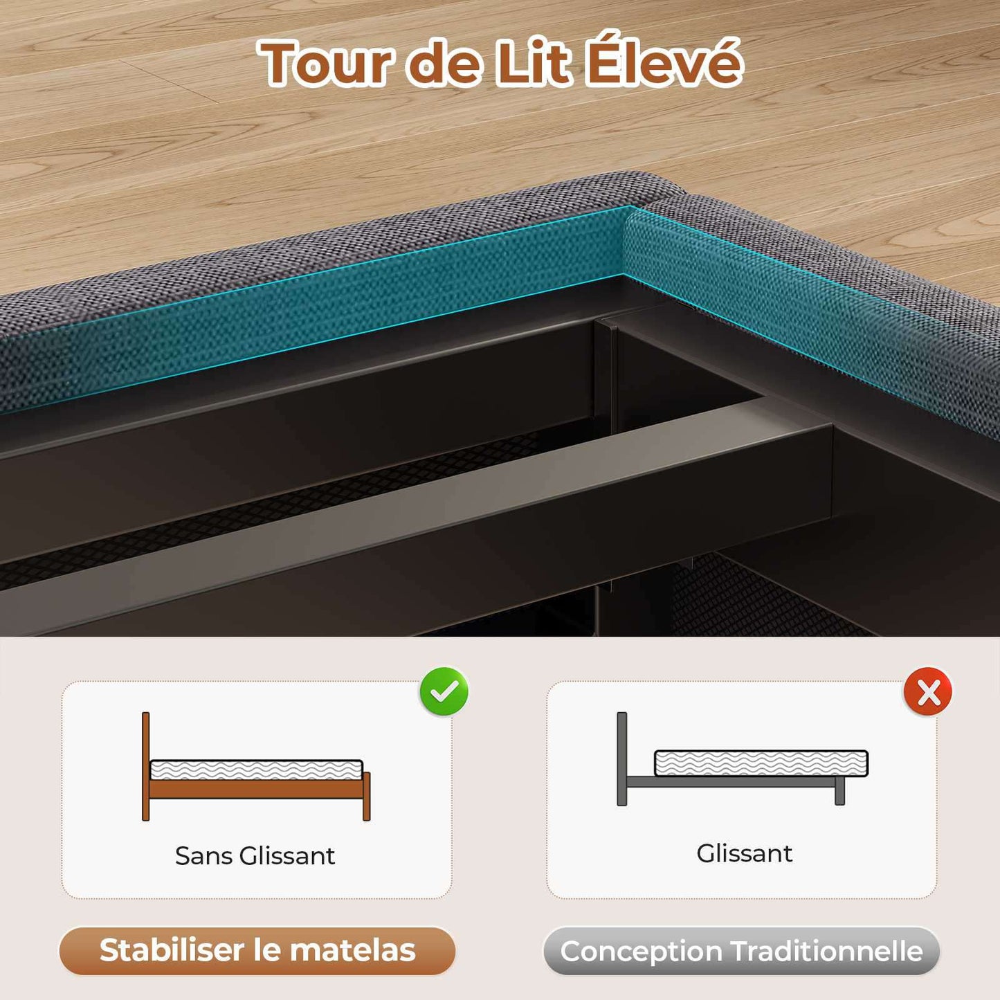Lit double AOGLLATI 140 x 190 avec multiprise et éclairage LED réglable équipé d'un sommier métallique
