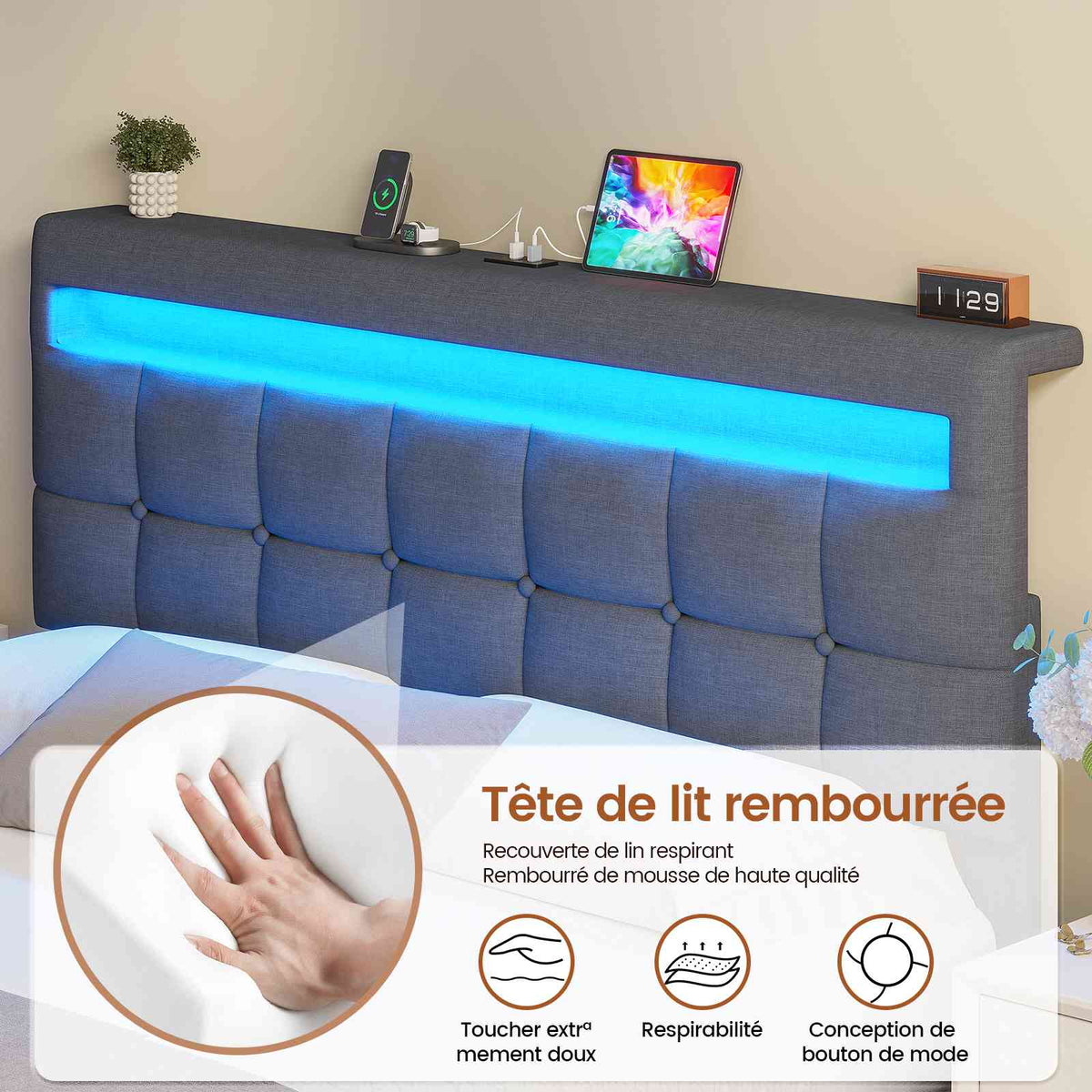 AOGLLATI 140 × 190 cm  lit double avec éclairage LED et port USB, espace de rangement tête de lit réglable sommier à lattes rembourré