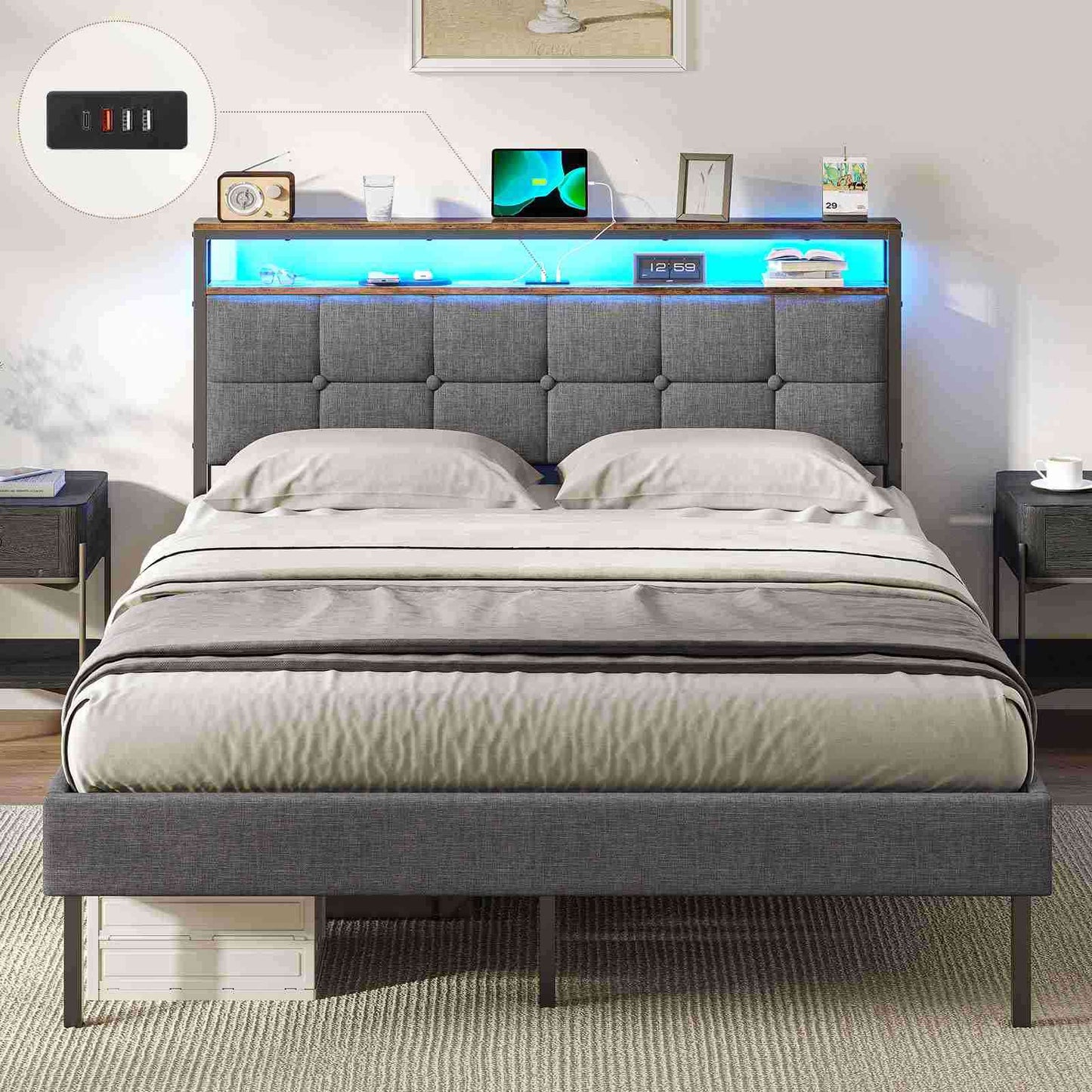 Lit double AOGLLATI 140 x 190 avec multiprise et éclairage LED réglable équipé d'un sommier métallique