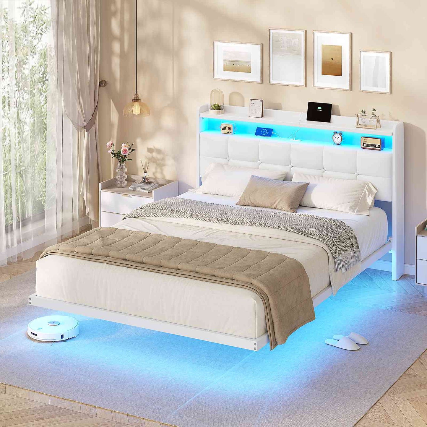 Lit suspendu AOGLLATI 140 × 190 cm avec éclairage LED et multiprise tête de lit rembourrée avec espace de rangement tissu en lin