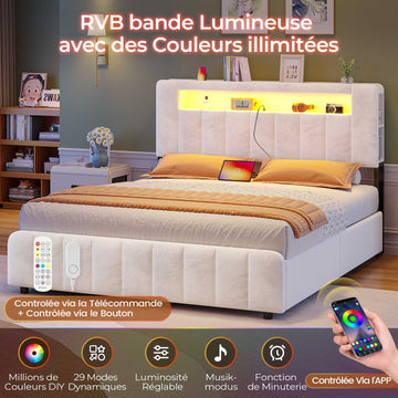 AOGLLATI Lit 160x200 avec Éclairage LED et Multiprise avec 4 Grands Tiroirs 2 Étagère Ouverte et 4 Compartiments Latéraux