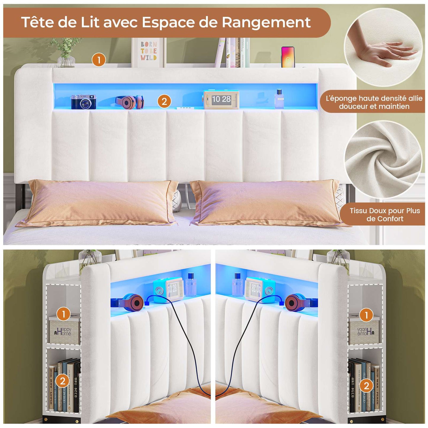 AOGLLATI Lit 160x200 avec Éclairage LED et Multiprise avec 4 Grands Tiroirs 2 Étagère Ouverte et 4 Compartiments Latéraux
