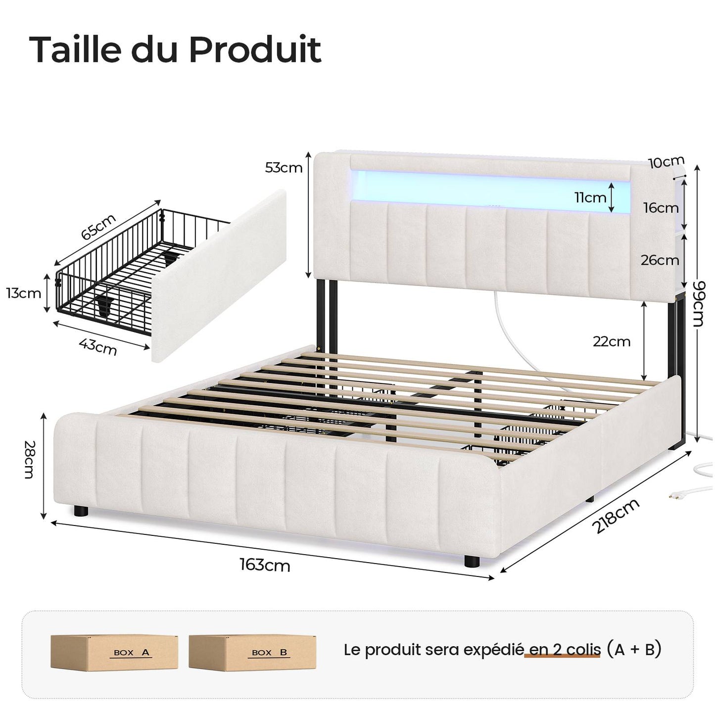AOGLLATI Lit 160x200 avec Éclairage LED et Multiprise avec 4 Grands Tiroirs 2 Étagère Ouverte et 4 Compartiments Latéraux