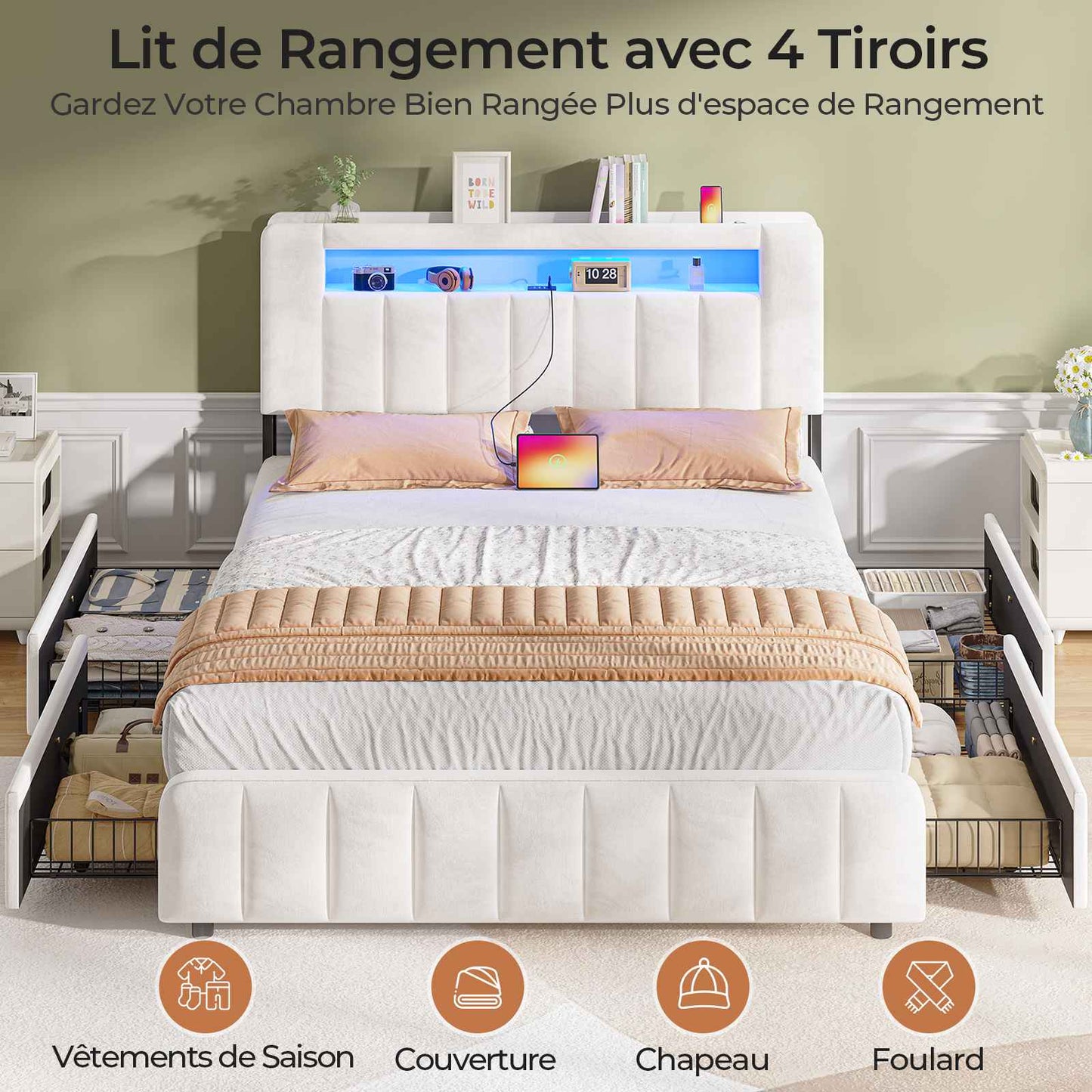 AOGLLATI Lit 160x200 avec Éclairage LED et Multiprise avec 4 Grands Tiroirs 2 Étagère Ouverte et 4 Compartiments Latéraux