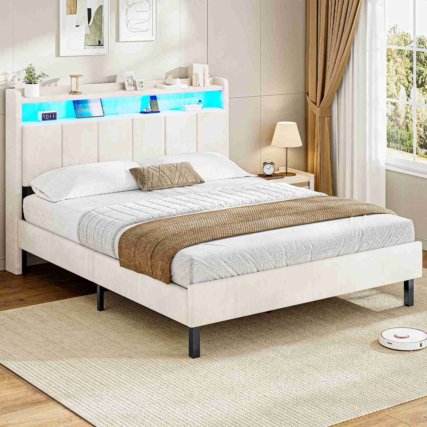 AOGLLATI Cadre de Lit avec Double Etagères (Velours Beige, 140x190cm)