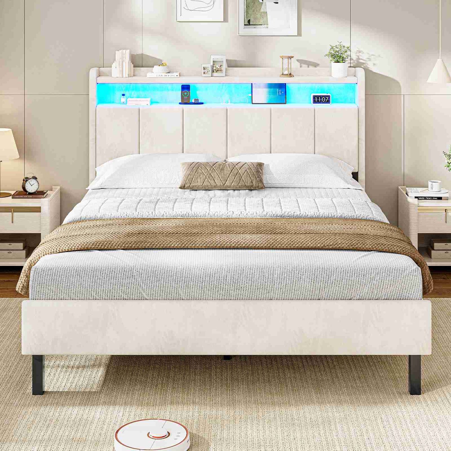 AOGLLATI Cadre de Lit avec Double Etagères (Velours Beige, 140x190cm)
